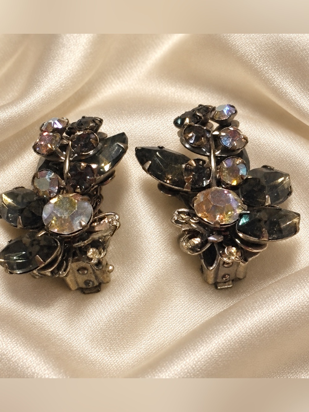 Vintage Beau Jewels Rhinestone Floral Clip On Earrings AB Smoky Gray